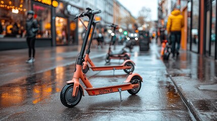Rainy urban street with electric scooters waiting for riders during a bustling evening in the city center