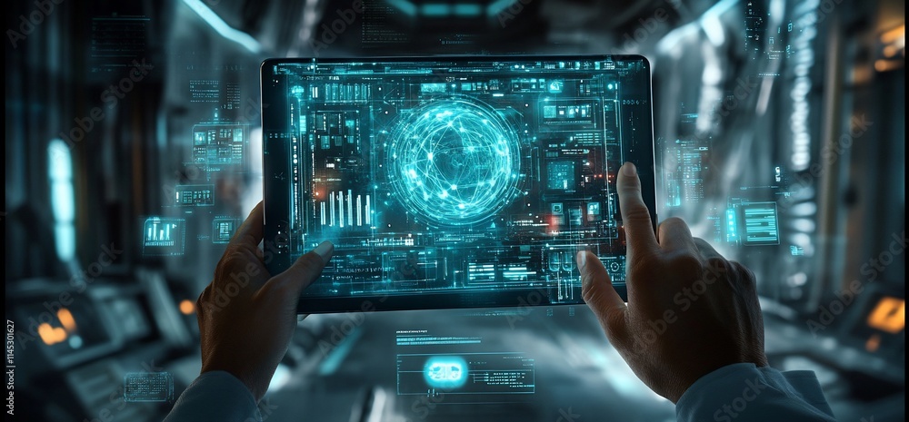 Poster futuristic interface displaying holographic data and analytics on a tablet.