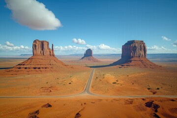 Naklejka premium Dramatic rock formations rise under a clear blue sky in a desert landscape at Monument Valley