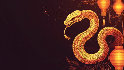 Fototapeta premium A golden snake, with chinese lanterns in the background.