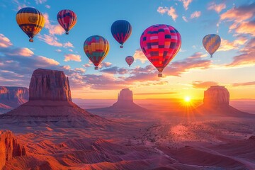 Obraz premium Hot air balloons soar over Monument Valley at sunrise creating a colorful landscape