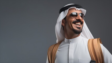 Obraz premium An Arab man wearing sunglasses and a light brown backpack, smiling broadly.