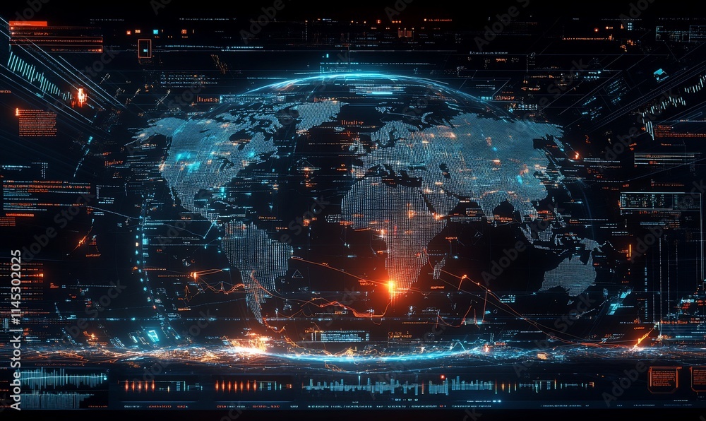 Poster futuristic digital world map with data overlays and glowing connections.