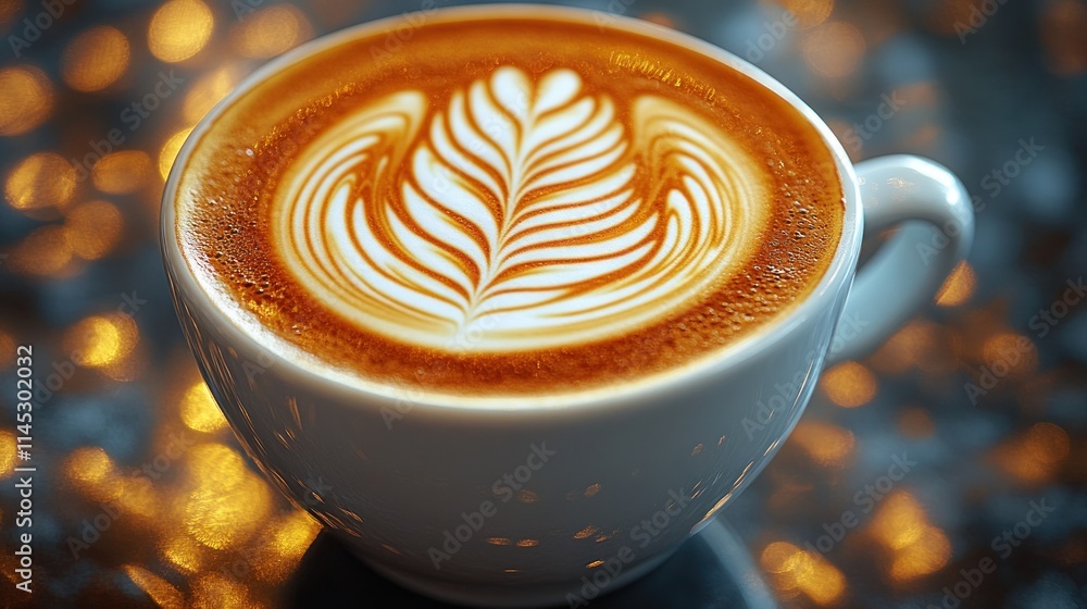 Poster close-up of a latte with latte art in a white cup on a bokeh background.