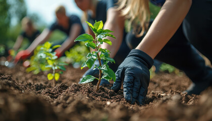A Hands gently patting soil around young plants in garden setting, showcasing teamwork and care for nature
