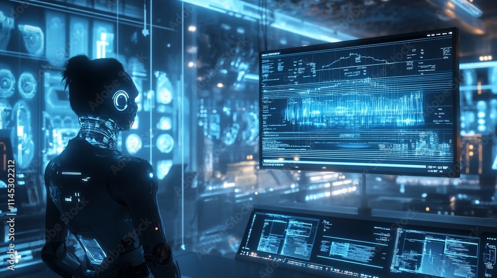 Poster futuristic scene with a figure observing advanced technology and data displays.