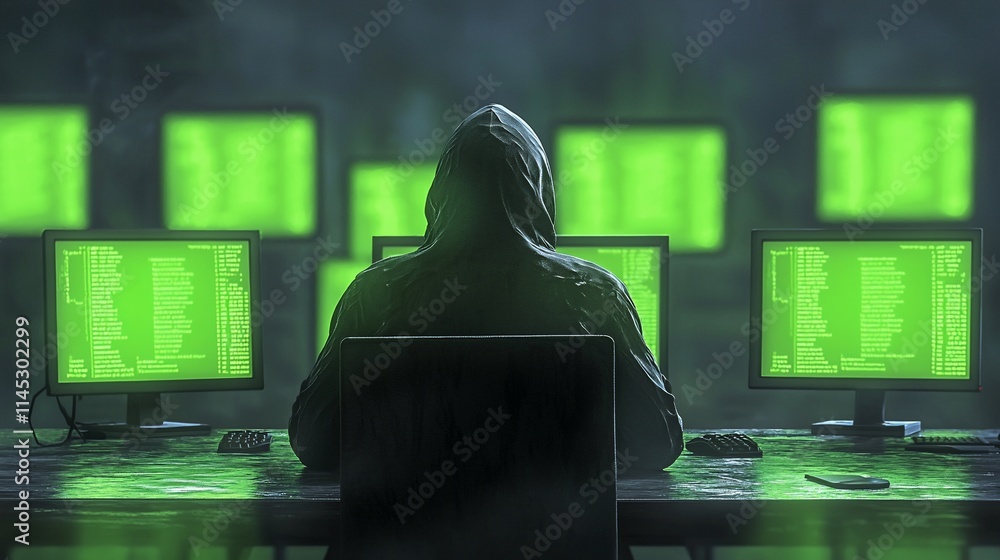 Poster Hooded figure hacking multiple computers with green code.