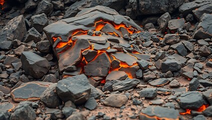 Glowing Lava Cracks Through Dark Volcanic Rocks