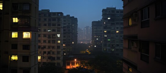 Night cityscape view between high-rise buildings with lights in windows.