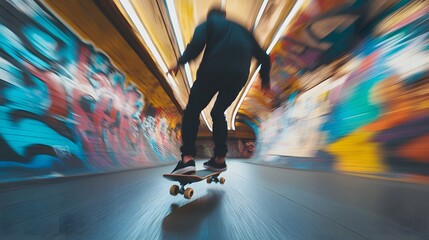 Obraz premium Teenager skateboarding through an underpass AI generated illustration