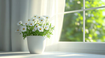 A white ceramic pot with daisies on the windowsill, sunlight shining through the window onto it