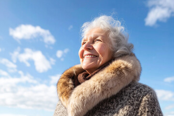 Senior silver colored hair woman wearing fur coat with bue sky background.