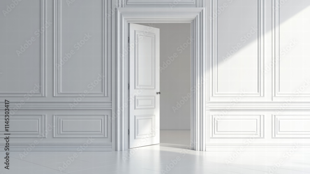 Poster a white door open in an empty room with classic wall paneling. isolated background with copy space