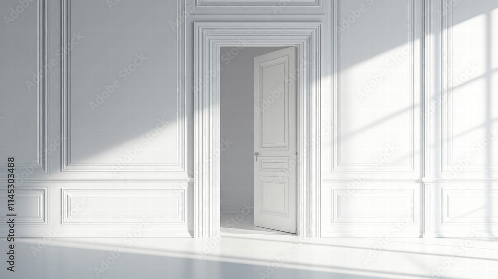 Poster a white door open in an empty room with classic wall paneling. isolated background with copy space