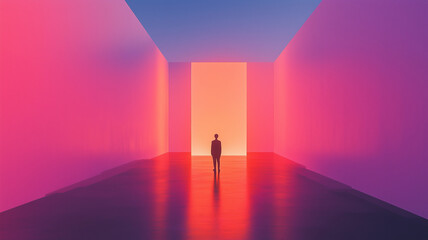Minimalist composition of man in silhouette standing in pink and purple doorway. Evokes lonely transformation of the human species and moving from one space to the next.
