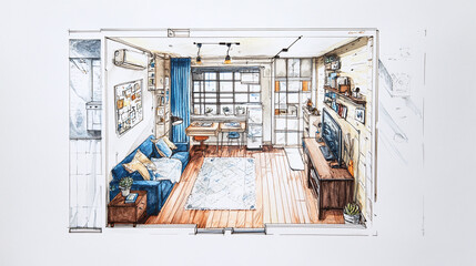A hand-drawn layout of a compact studio apartment with smart space utilization