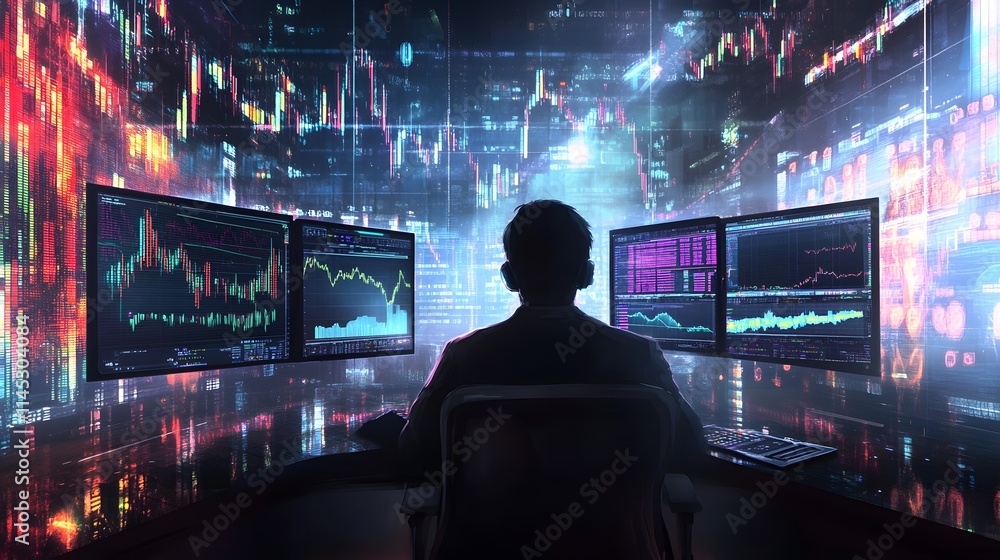 Poster trader focused on dual monitors ai generated illustration