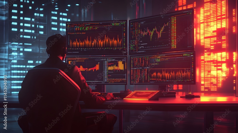 Poster trader focused on dual monitors ai generated illustration