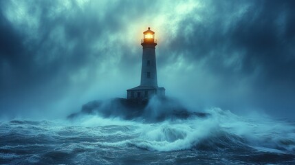 Fototapeta premium Lighthouse shining brightly during a powerful storm at sea.