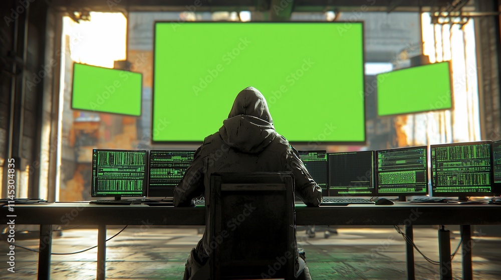 Aufkleber Hooded hacker at multiple computer screens in a dark room.