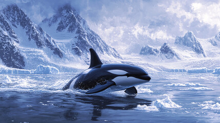 Obraz premium A majestic orca swimming through icy waters, showcasing its strength and grace