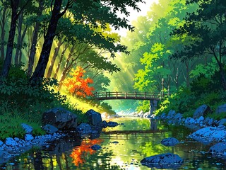Anime landscape view of a bridge in the forest with river and blue sky 