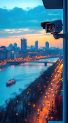 Security Camera, Urban Nightscape, City Skyline, River, Bridge for Stock Photography