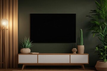 A stylish modern living room with a blank black canvas on a dark green wall, illuminated by soft light and adorned with potted plants and wooden furniture.