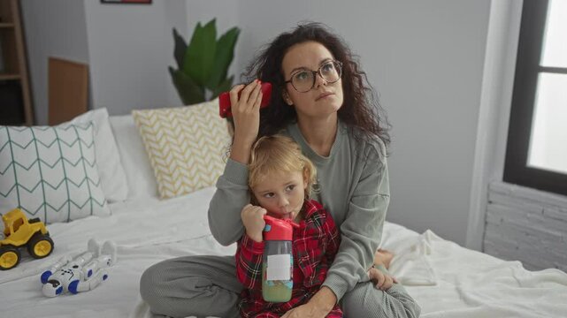 Mother sitting on bed with son, listening to phone message, surrounded by toys in cozy bedroom, showcasing family bonding and relaxation at home.