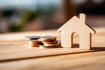 Wooden house figurine beside piles of coins on wooden surface, representing real estate investment, financial growth, and stability against a blurred natural background.
