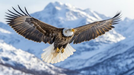 Obraz premium Majestic bald eagle in flight over snow-capped mountains.