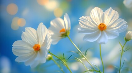 Beautiful spring border, blooming rose bush on a blue background. Flowering rose hips against the blue sky. Soft selective focus