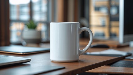 Blank white ceramic coffee mug mockup with office table desk background
