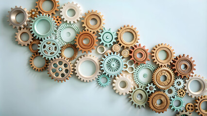 Abstract gears of different colors interlocking with copy space concept as A soft abstract image depicts gears of various colors interlocking seamlessly symbolizing the efficient functioning of divers
