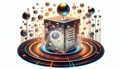 Naklejka premium 3D Quantum superposition ballot concept as Close up of a ballot in a state of quantum superposition representing multiple voting options simultaneously. Camera circles the shimmering ballot. Represent