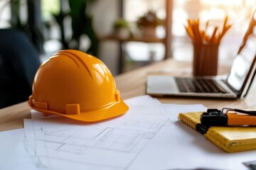 A workspace featuring a yellow safety helmet, architectural sketches, and drafting tools, reflecting a busy design and construction planning atmosphere.