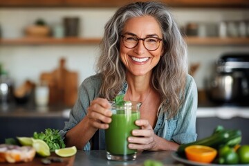 A confident woman with glasses and grey hair enjoys a green smoothie in her modern kitchen, surrounded by fresh ingredients, promoting health and positivity.