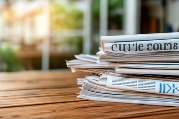 A pile of curled newspapers is perfectly arranged on a sunny wooden table, providing a glimpse into a peaceful, light-filled morning environment, perfect for relaxation.