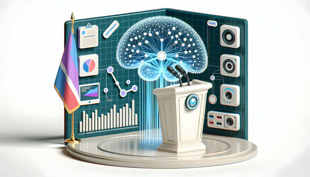 3D Podium Neural Network Policy Analyzer Visual Impact AI Governance Concept