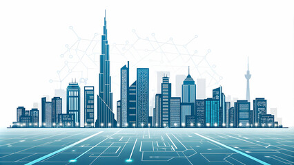 Fototapeta premium Abstract city skyline made of circuit lines with soft glow concept as A city skyline formed by circuit lines glows softly representing the fusion of technology and urban industrial innovation; ample c