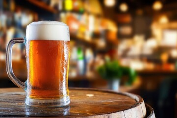 A foamy mug of beer rests on a wooden barrel, setting a warm and inviting atmosphere perfect for relaxation and social gatherings in a cozy bar setting.