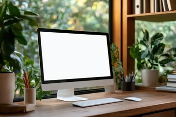 A sleek computer monitor on a wooden desk surrounded by lush greenery, conveying a modern and tranquil workspace environment perfect for productivity.
