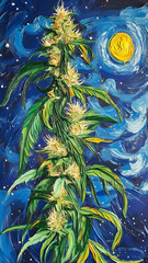 Marijuana plant with buds in painted impressionistic style with moon overhead on a starry night. Cannabis advertisement for legal weed products.