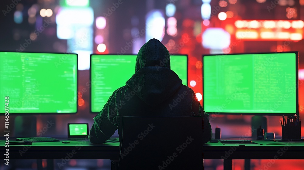 Poster Hooded hacker at night working on multiple computer screens displaying green code.