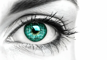 Abstract digital eye with binary code iris and copy space concept as A glossy image features a digital eye with a binary code pattern forming the iris on a plain background symbolizing vision and data