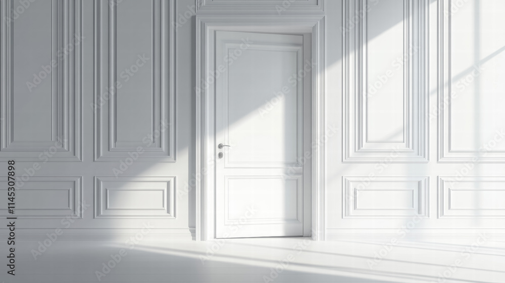 Poster a white door open in an empty room with classic wall paneling. isolated background with copy space