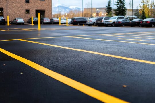 A freshly painted parking lot with bright yellow lines is shown on a rainy day, highlighting the contrast and clean, organized design in an urban setting.