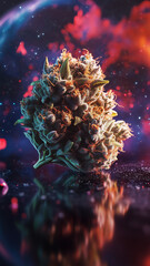 Marijuana buds against a galaxy cosmic background for legal cannabis advertisement background in smartphone 9:16 aspect ratio.