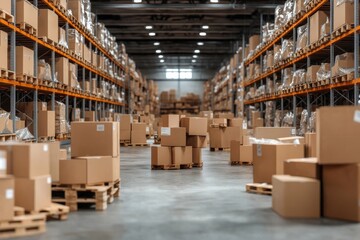 A bustling warehouse floor with various open and stacked cardboard boxes, reflecting the organized chaos of logistics and the efficient flow of goods and services.