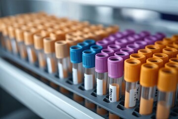 Fototapeta premium Laboratory test tubes with bright colored caps, methodically placed on racks emphasizing scientific discipline, organization, and analytical work.